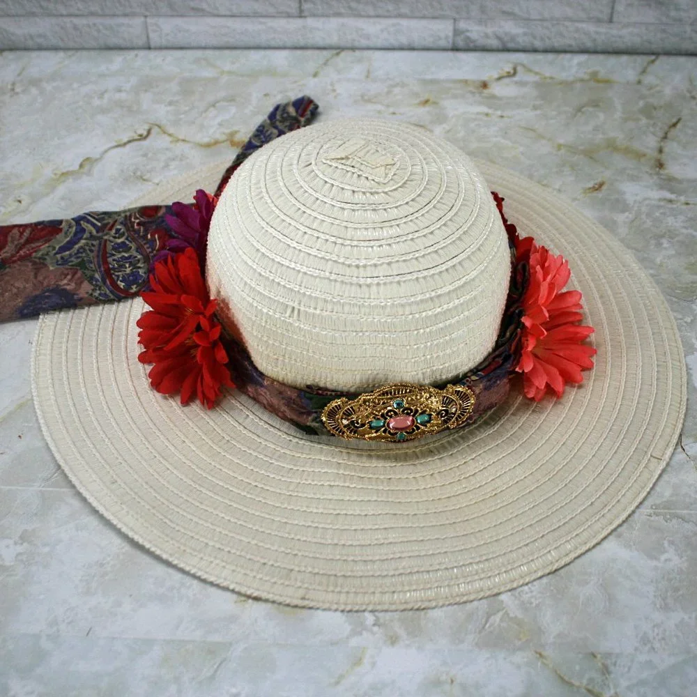 HAND CRAFTED Hat Upcycled Repurposed Silk Necktie Daisy White Derby Party Beach